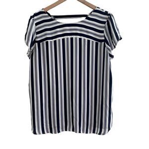 Loft Large Black White Stripe Blouse Short Sleeve Pullover Top